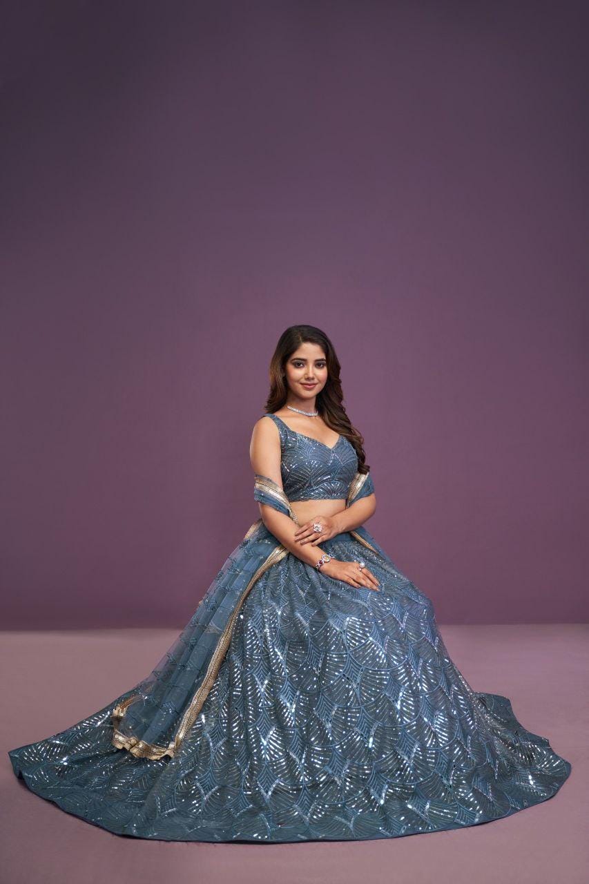Net Lehenga Choli Set | Real Mirror Zari Embroidery, Bridal Party Wear