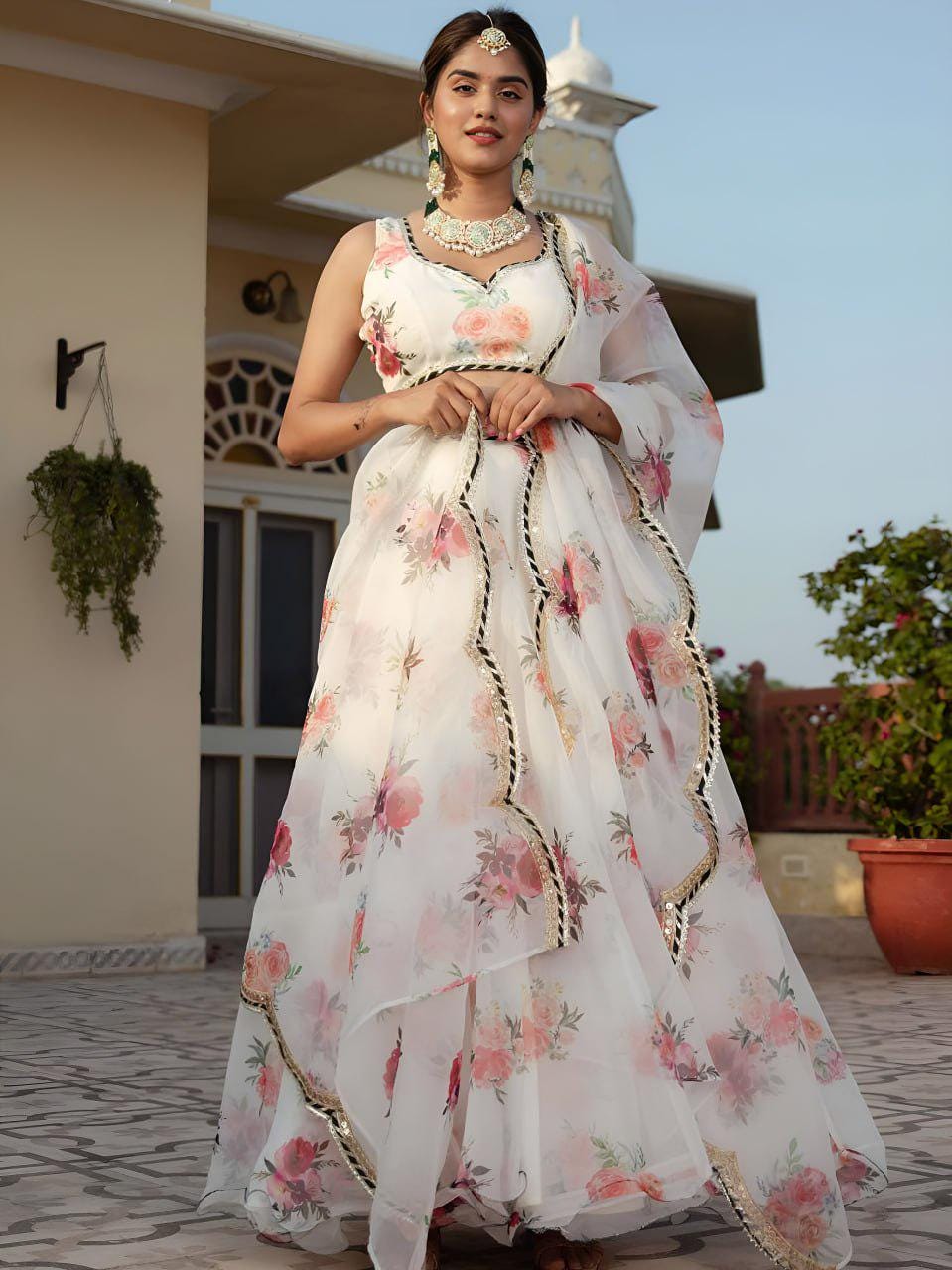 White Floral Organza Lehenga Choli Set with Gota Lace Embroidery