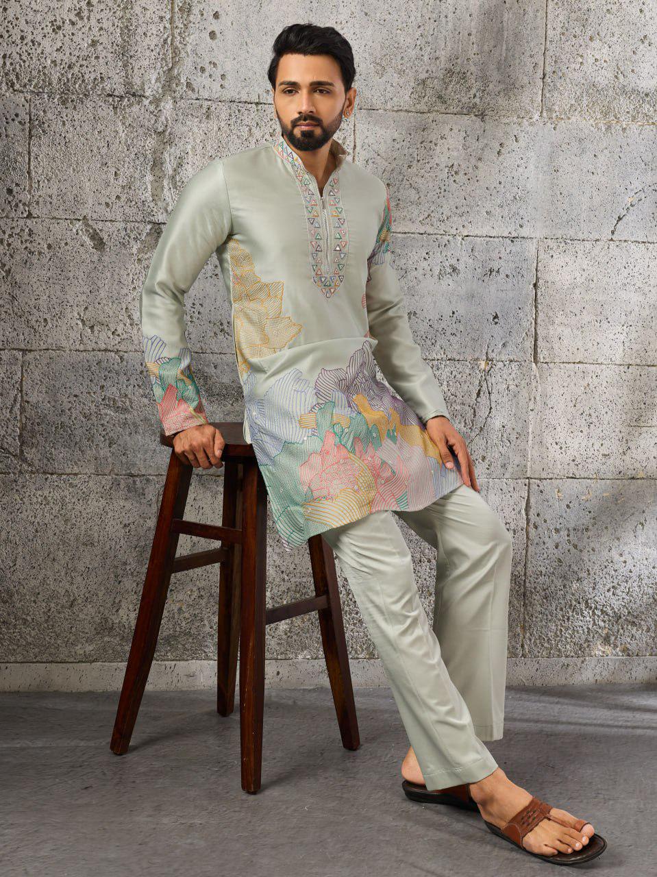 Men's Silk Kurta Pant Set | Thread Sequin Embroidery Festive Outfit