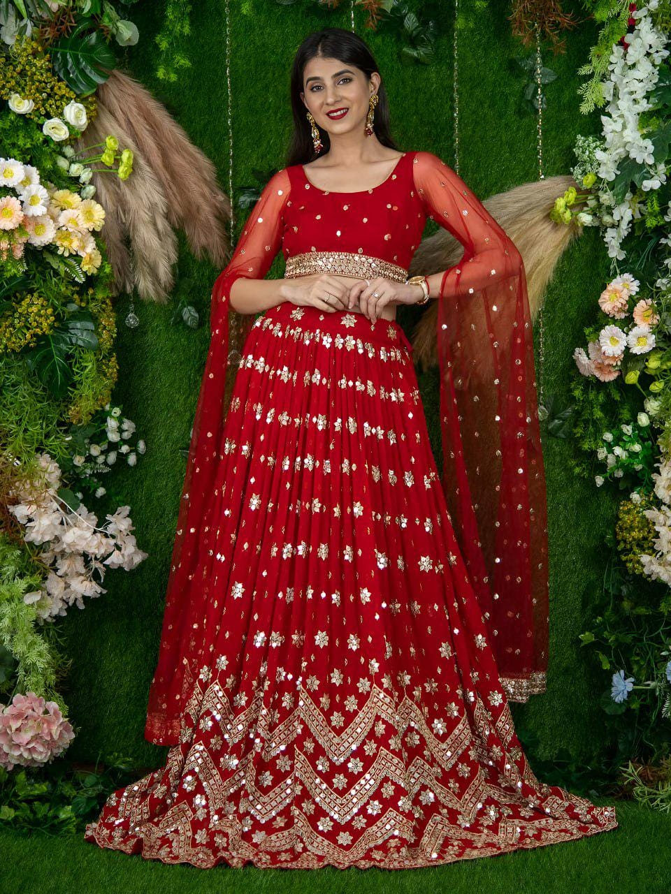 Red Georgette Lehenga Choli, Sequins Zari Embroidery, Net Blouse Dupatta, Semi Stitched Wedding Set