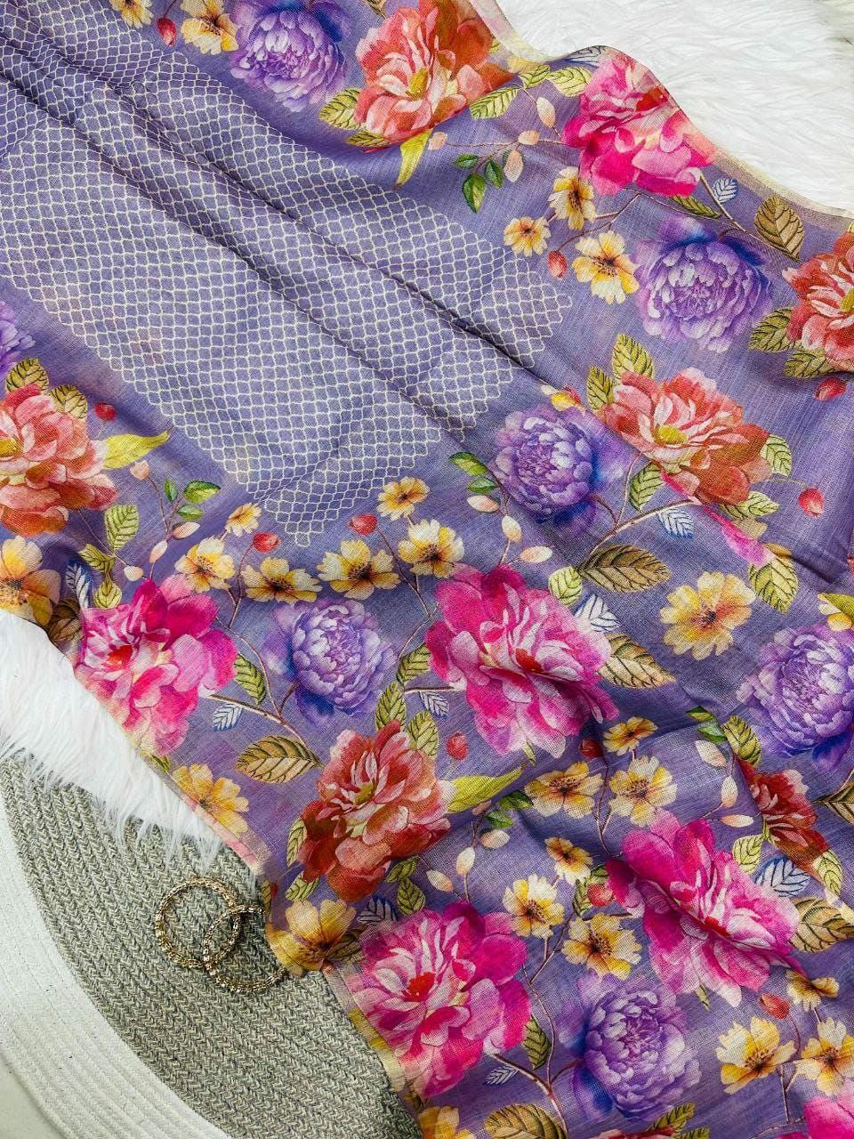 Linen Tissue Floral Print Saree with Running Blouse, Lightweight Casual Ethnic Wear