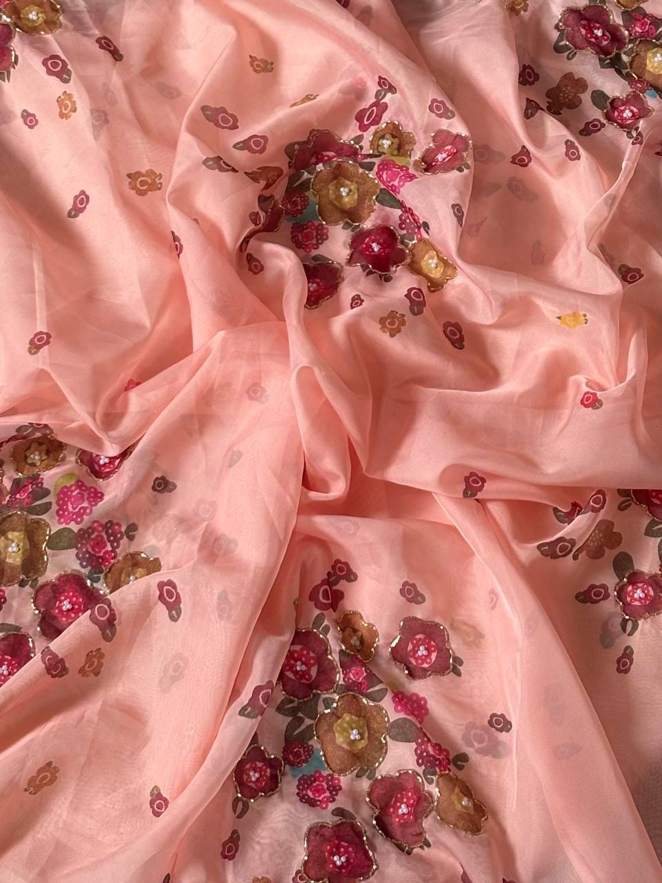 Soft Tabi Floral Print Saree with Cut Dana Handwork, Summer Party Wear Chinon Blouse
