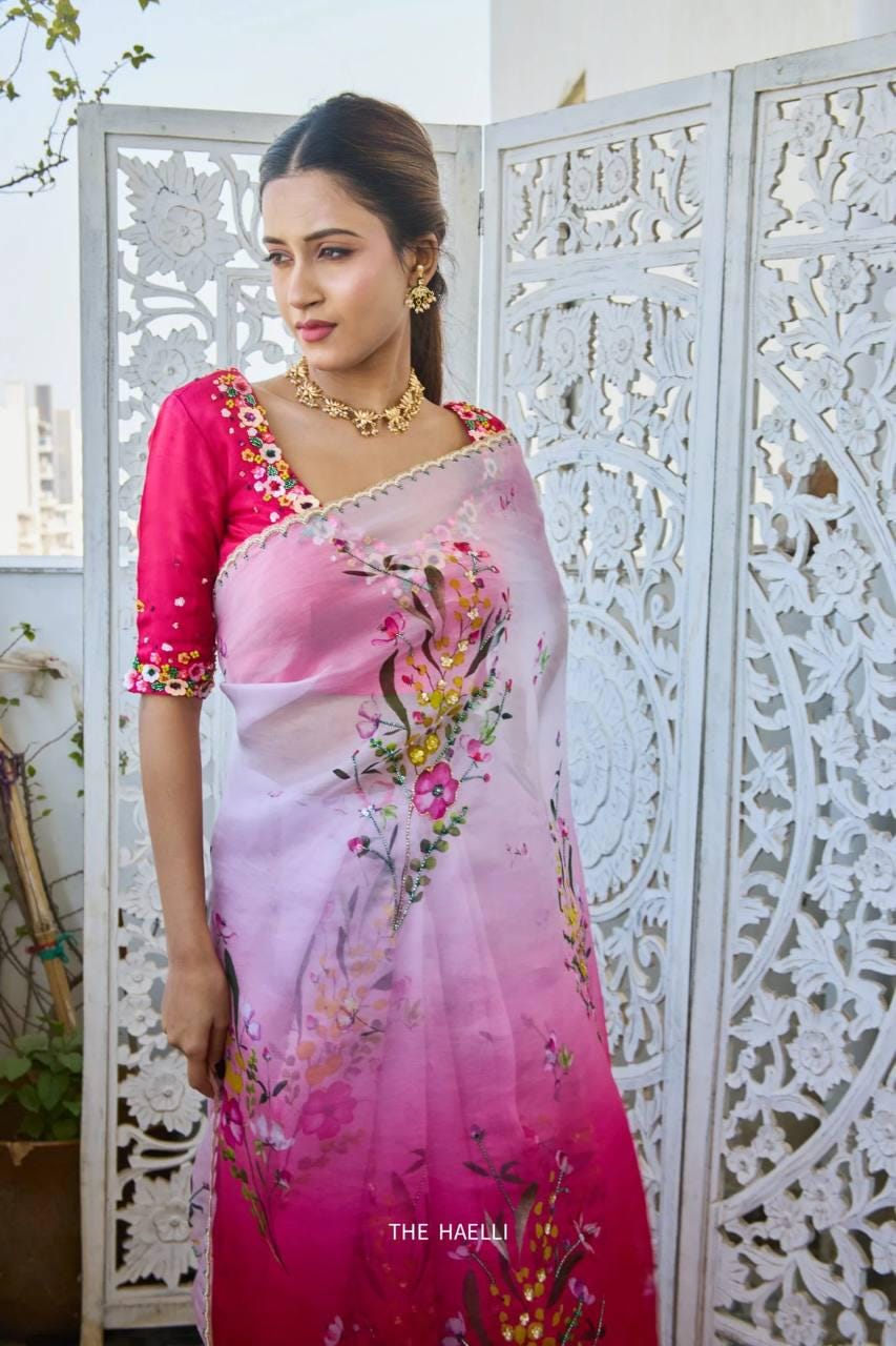 Floral Print Tabi Saree with Cut Dana Handwork, Chinon Blouse, Summer Party Wear