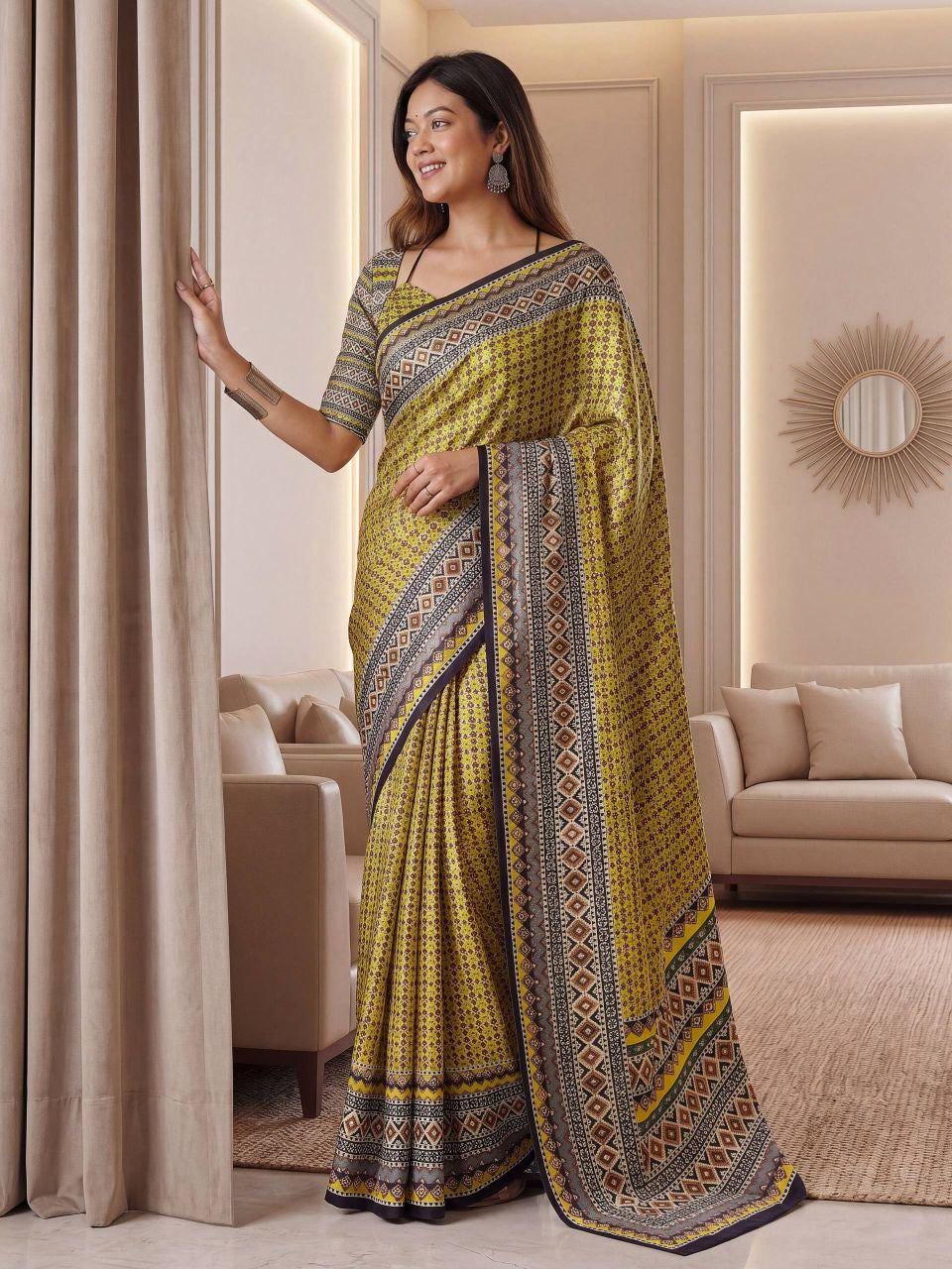 Chinon Ajrak Print Saree with Real Mirror Work | Unstitched Blouse Piece