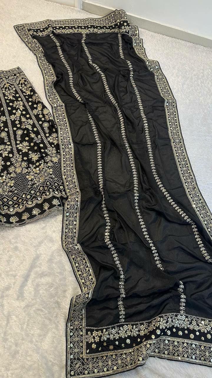 Embroidered Chinon Silk Lehenga Choli Set | Zari, Dori, Sequin Work, Tassel Blouse, Dupatta