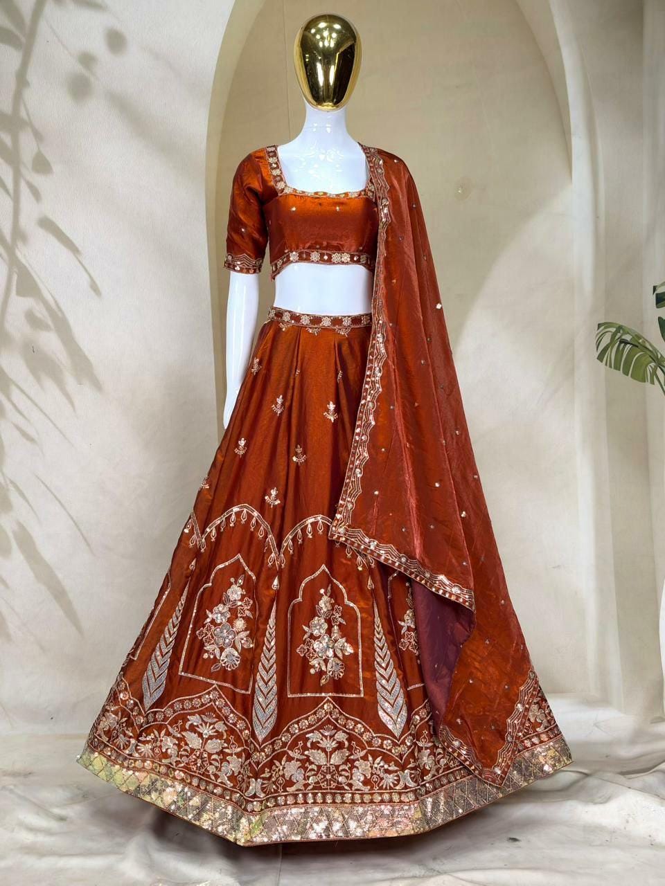 Fandy Silk Lehenga Choli Set, Zari Sequins Embroidery, Wedding Festive Wear
