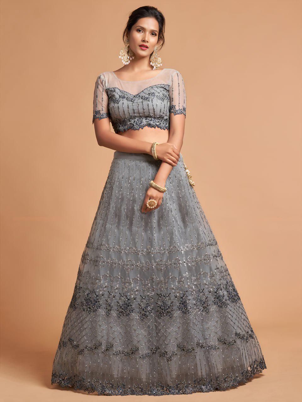 Grey Net Lehenga Choli | Zari Sequin Embroidery, A-Line Bridal Wear