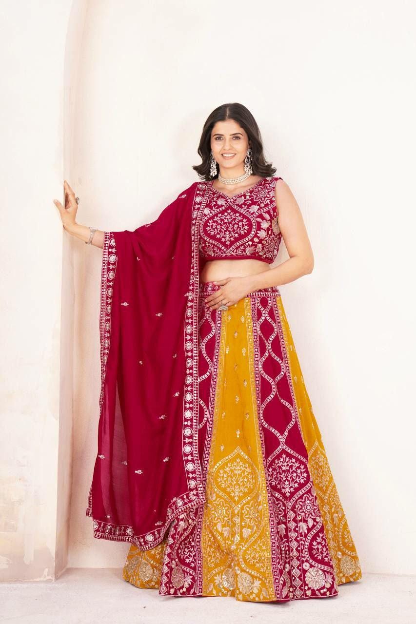 Vichitra Silk Lehenga Choli, Sequins Thread Embroidery, 4 Meter Flare Wedding Set