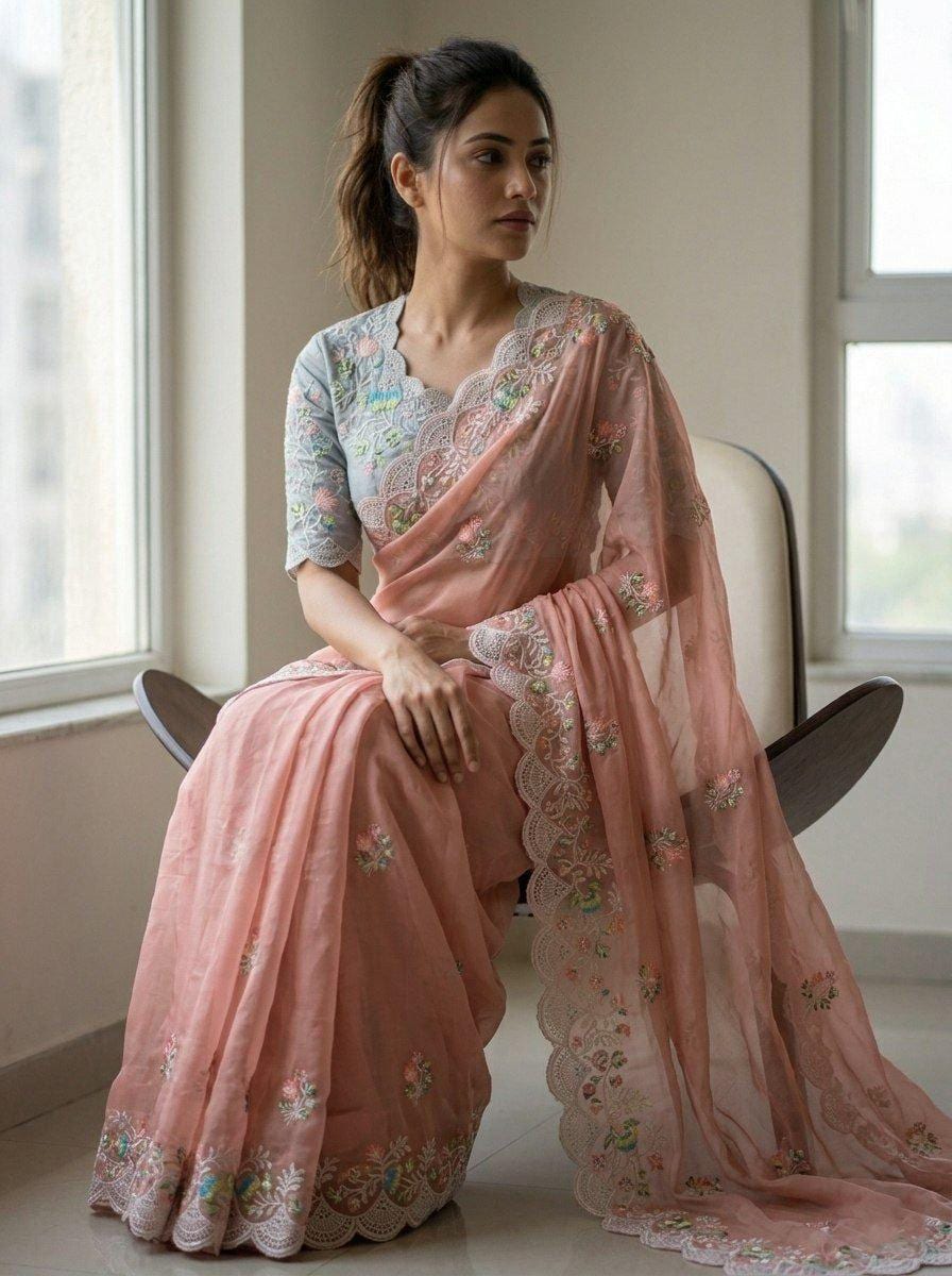 Fox Georgette Embroidered Saree with White Coding & Cutwork Border