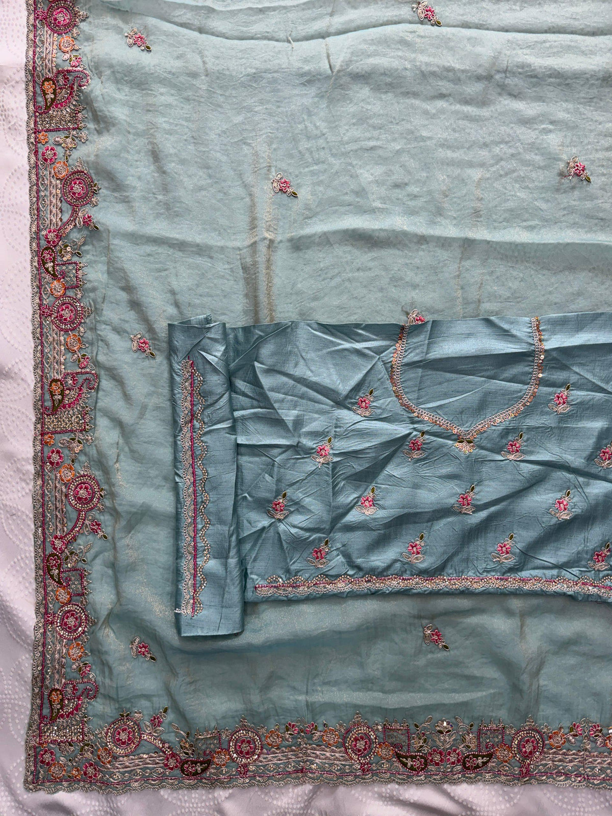 Soft Tissue Chiffon Silk Saree | Zarkan Embroidered Cutwork Border, Designer Wedding, Mono Silk Blouse