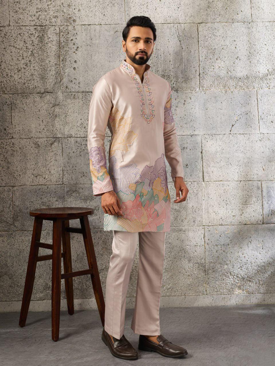 Men's Silk Kurta Pant Set | Thread Sequin Embroidery, Festive Wedding Outfit