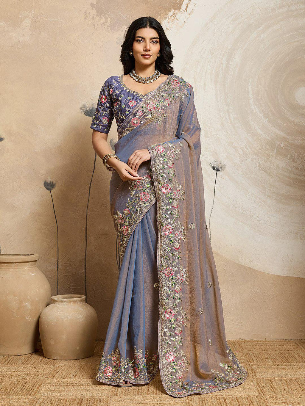 Moss Chiffon Embroidered Saree, Cutwork Border, Banglory Silk Blouse, Festive Wear