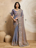 Moss Chiffon Embroidered Saree, Cutwork Border, Banglory Silk Blouse, Festive Wear