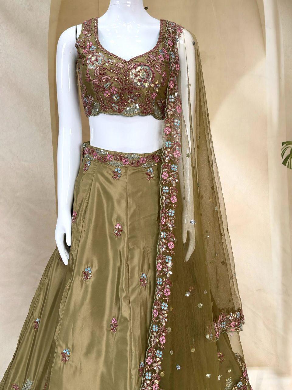French Crepe Lehenga Choli Set | Dori, Zari, Sequin Embroidered Wedding Wear (Soft Net Dupatta)