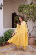 Embroidered Cotton Kurti Pant Set, V Neck Long Sleeve Indian Ethnic Wear