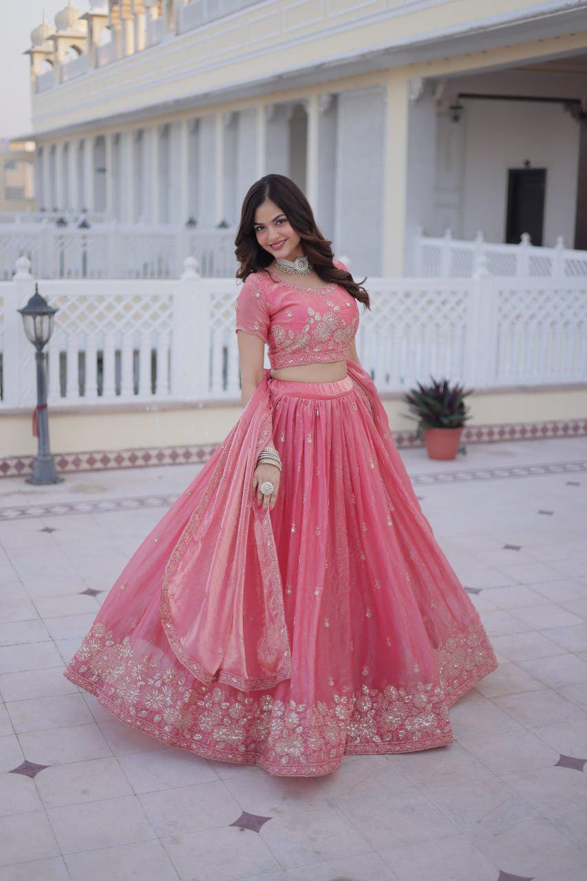 Fendi Silk Lehenga Choli Set, Sequins Zari Embroidery, Fully Stitched Wedding Outfit