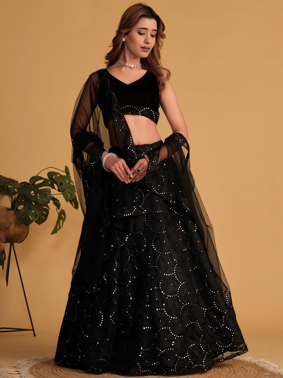 Black Organza Net Lehenga Choli Set | Velvet Sequin Embroidered Blouse, Dupatta