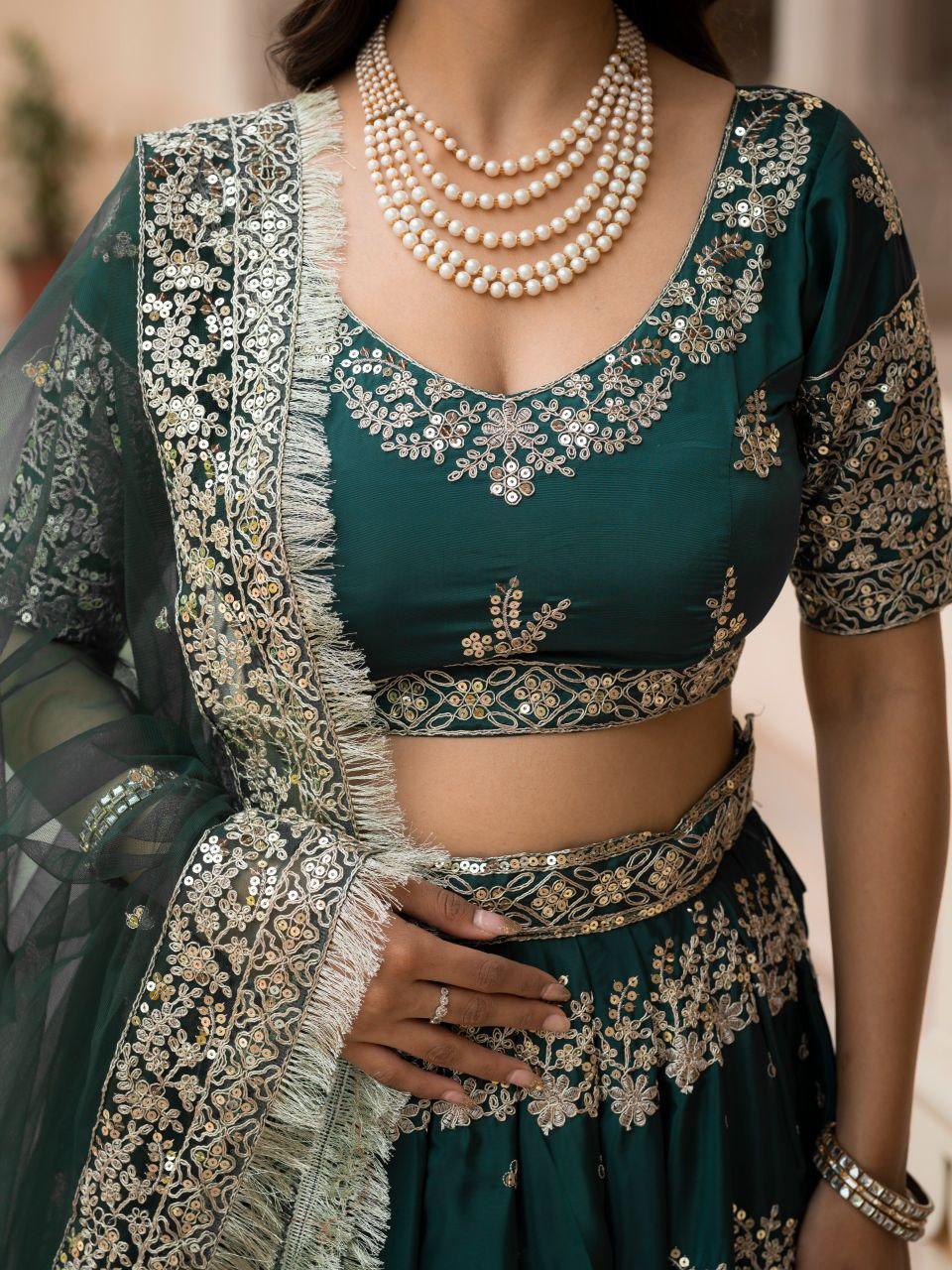 French Crepe Lehenga Choli, Zari Sequin Embroidery, Semi-Stitched Indian Party Wear Set