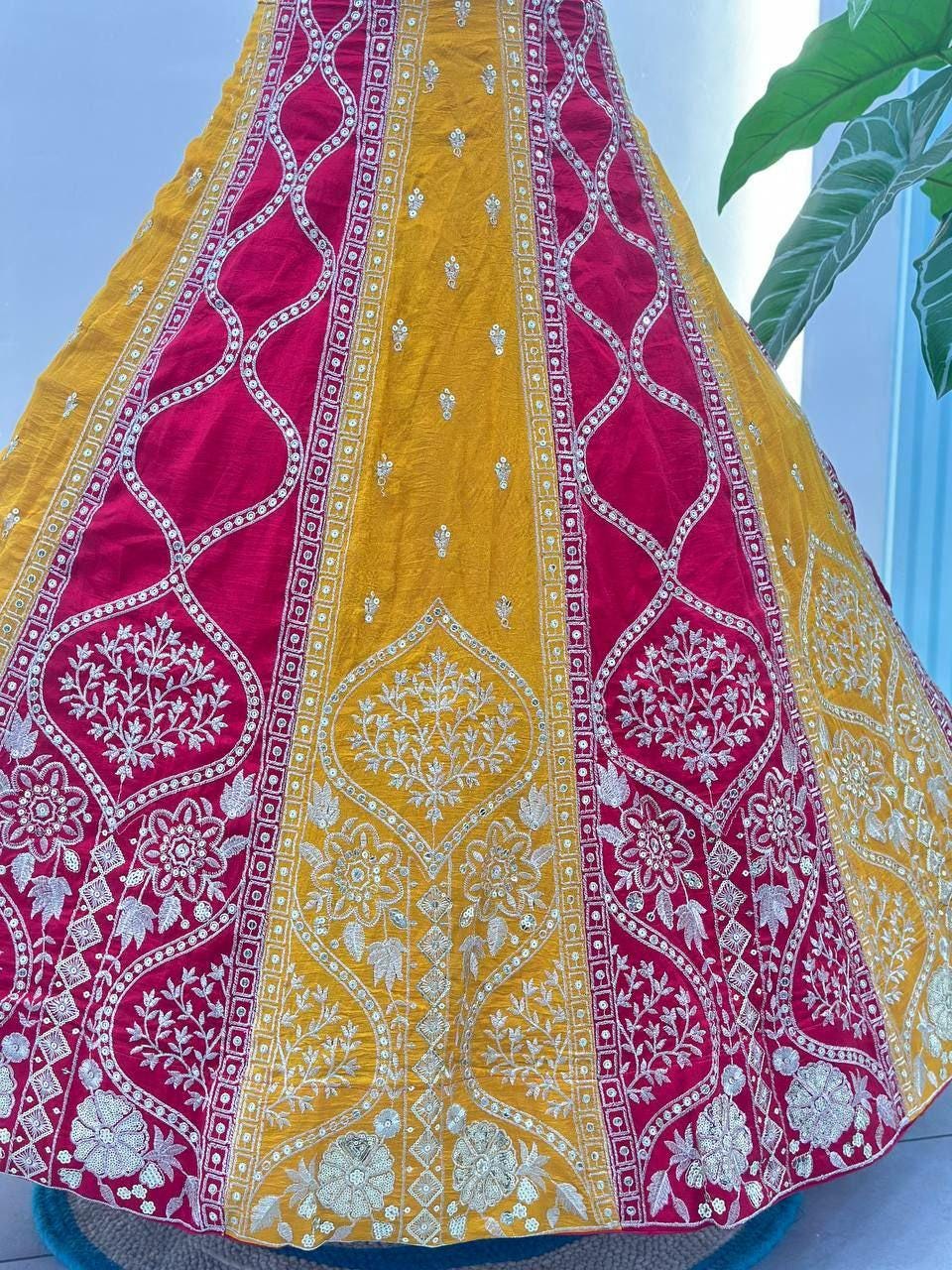 Vichitra Silk Lehenga Choli, Sequins Thread Embroidery, 4 Meter Flare Wedding Set