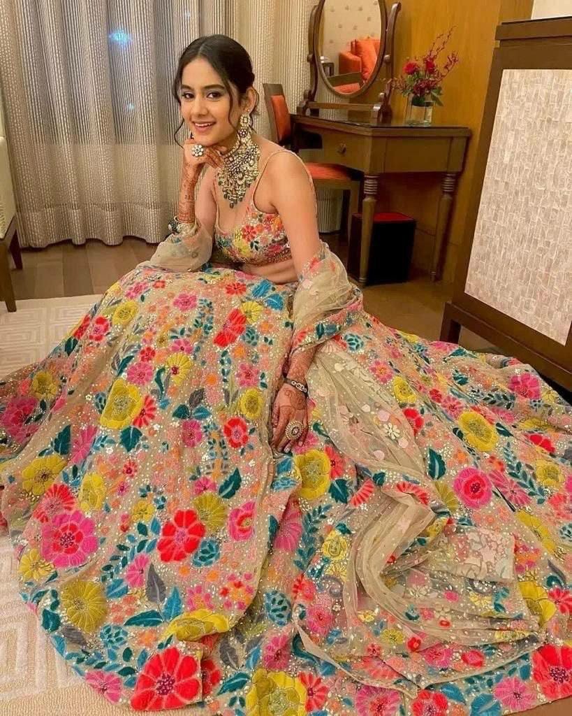 Soft Mono Net Lehenga Choli, Sequins Embroidery, Bridal Wedding Party Wear XXL