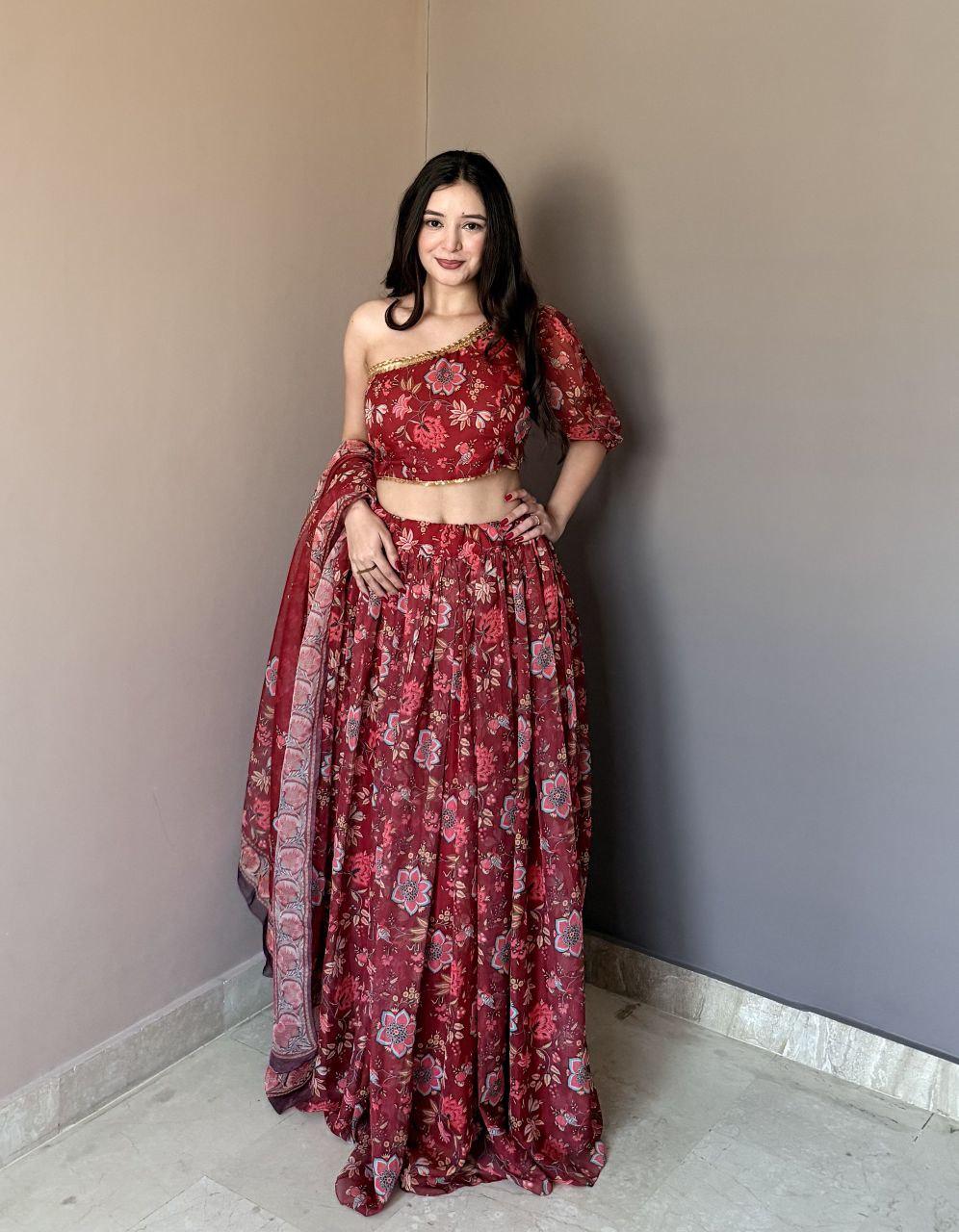 One Shoulder Floral Print Lehenga Choli Set | Ready-to-Wear Festive Wedding Outfit