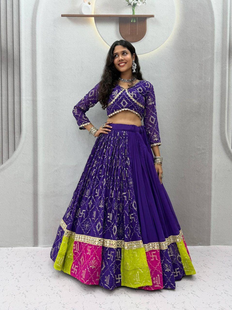 Embroidered Fox Georgette Lehenga Choli Set | 6 Meter Flare, Mirror Lace, Navratri Garba Outfit