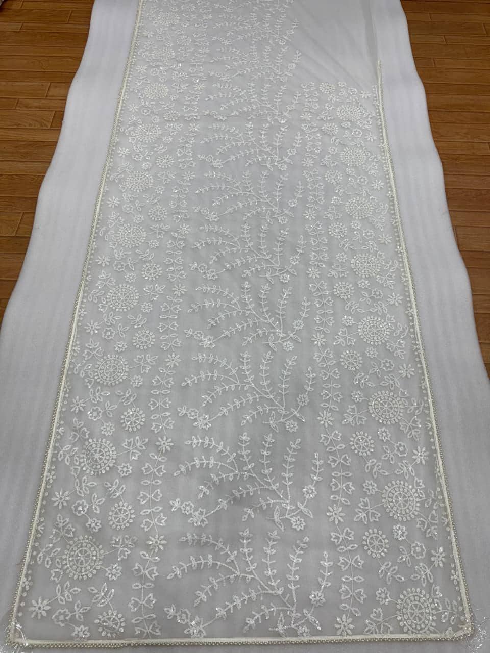 Heavy Sequins Embroidered Mono Net Saree with Pearl Border, Designer Blouse Included