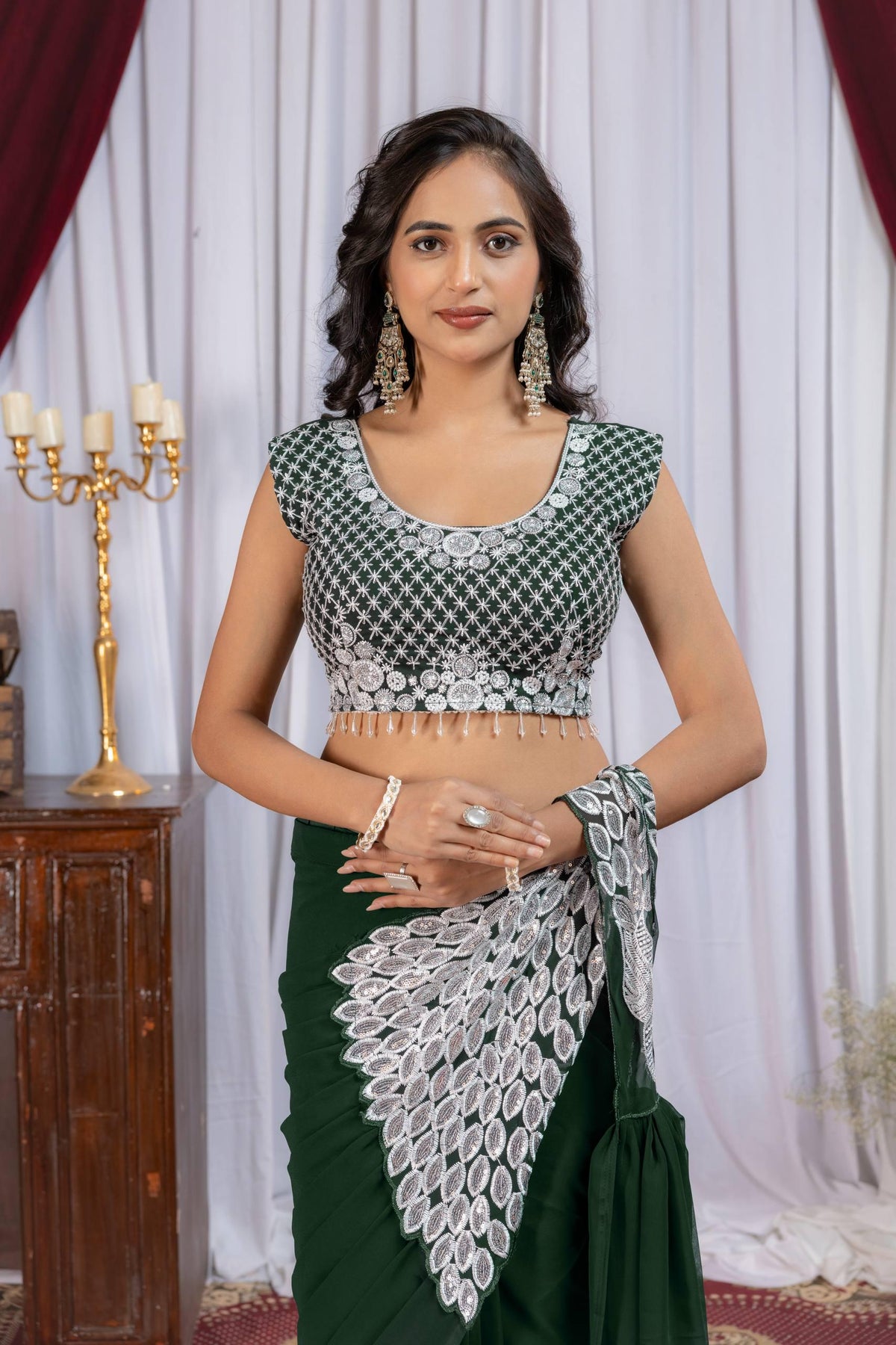 Ready to Wear Faux Georgette Saree with Embroidery & Sequins | Pre-Stitched Saree, Embroidered Blouse