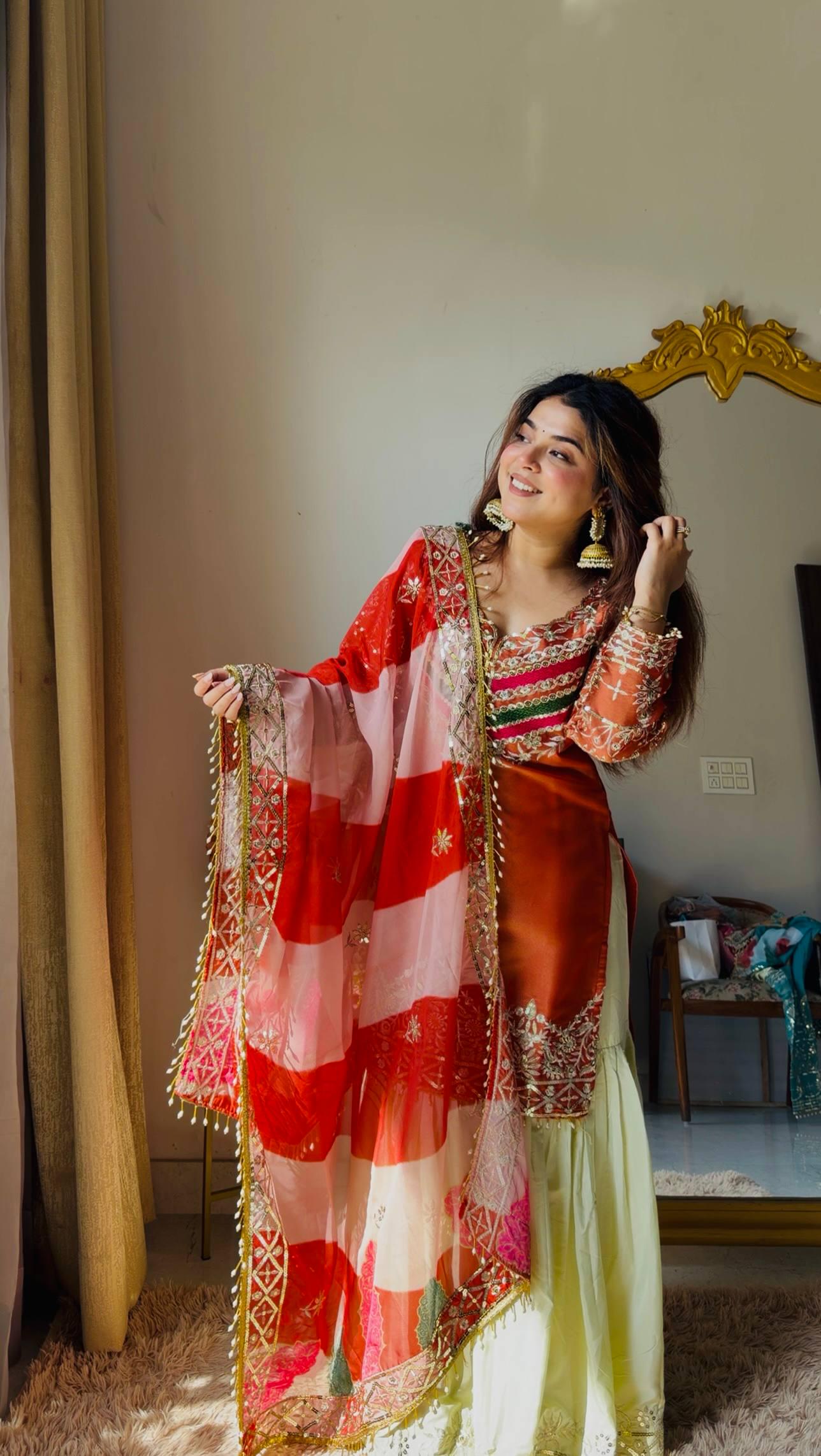 Moss Fendi Embroidered Palazzo Suit Set, Sequins Work Kurta, Organza Dupatta, Festive Wear