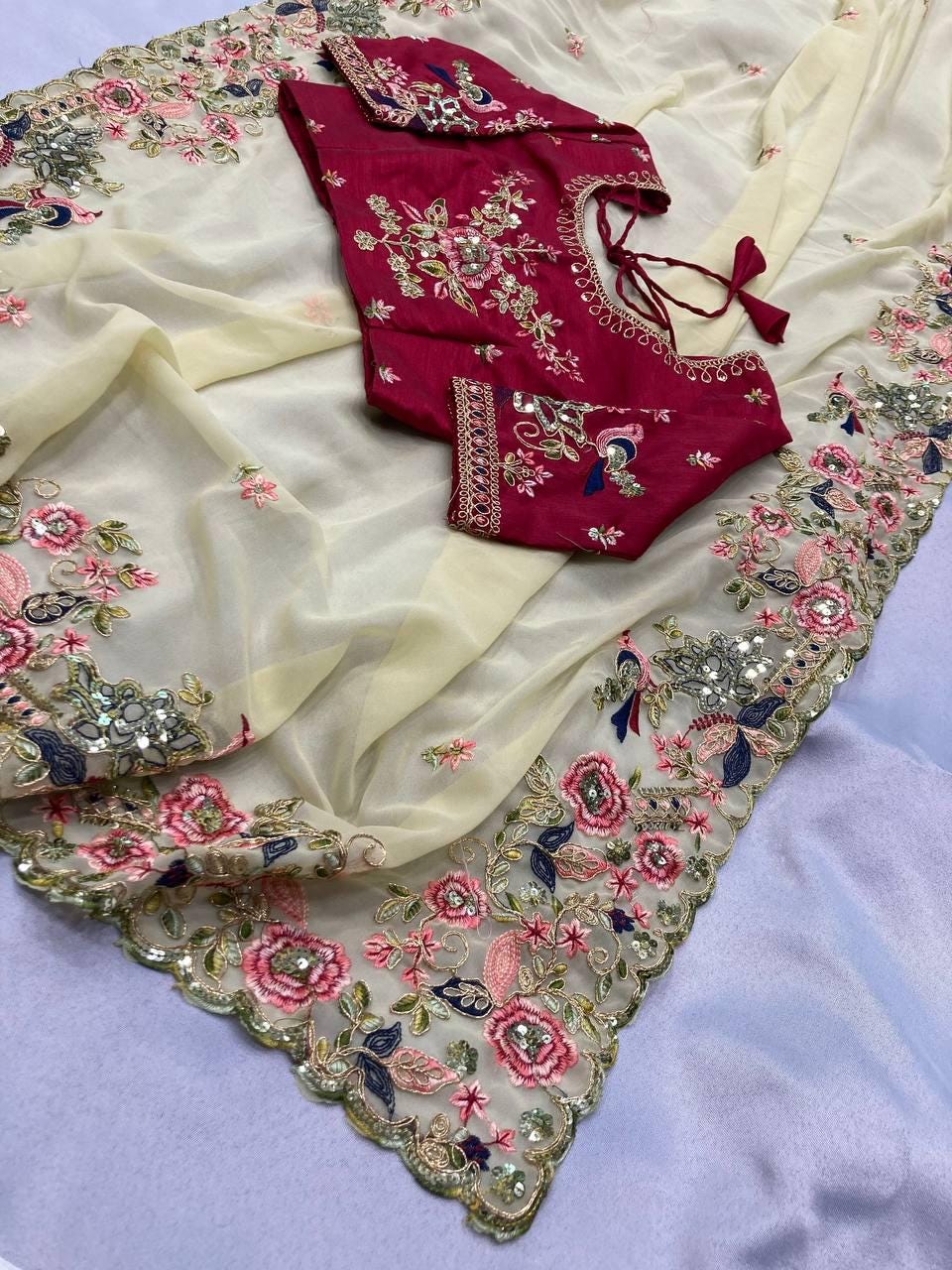 Embroidered Georgette Saree, Cutwork Border, Heavy Blouse, C-Pallu Wedding Wear