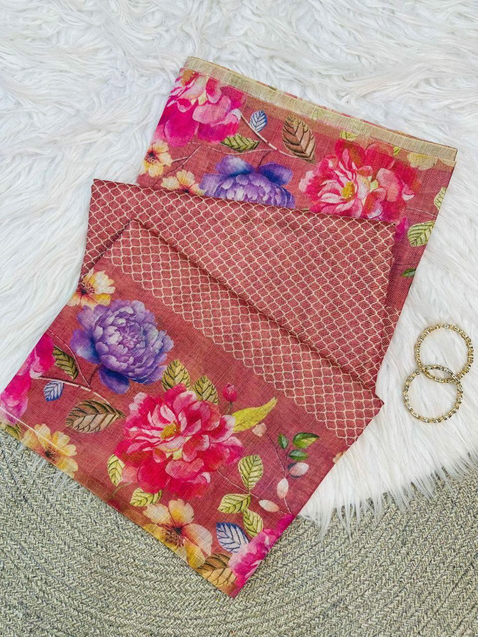 Linen Tissue Floral Print Saree with Running Blouse, Lightweight Casual Ethnic Wear