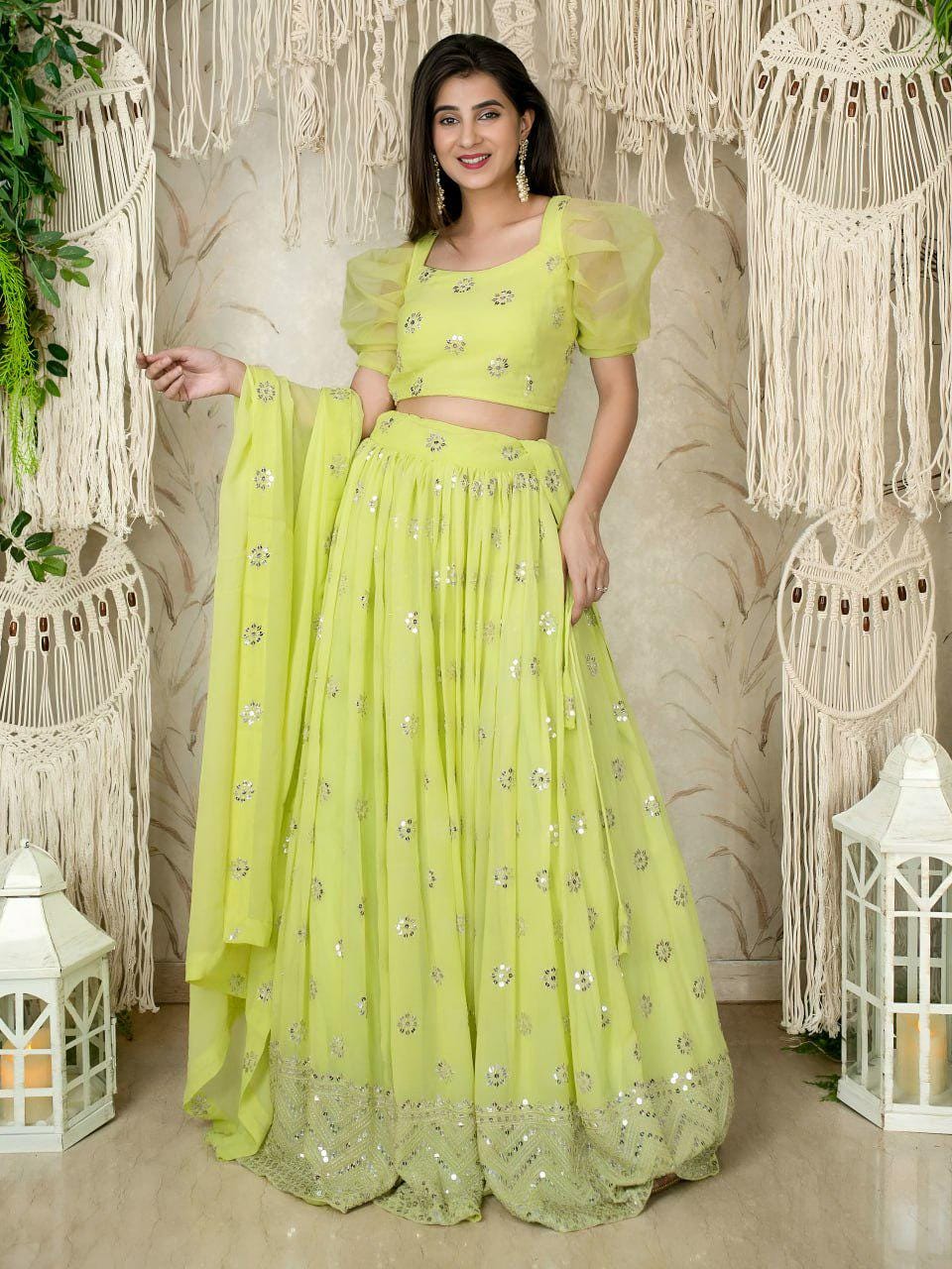 Lime Green Georgette Lehenga Choli, Sequins Zari Embroidery, Puff Sleeve Blouse, Net Dupatta