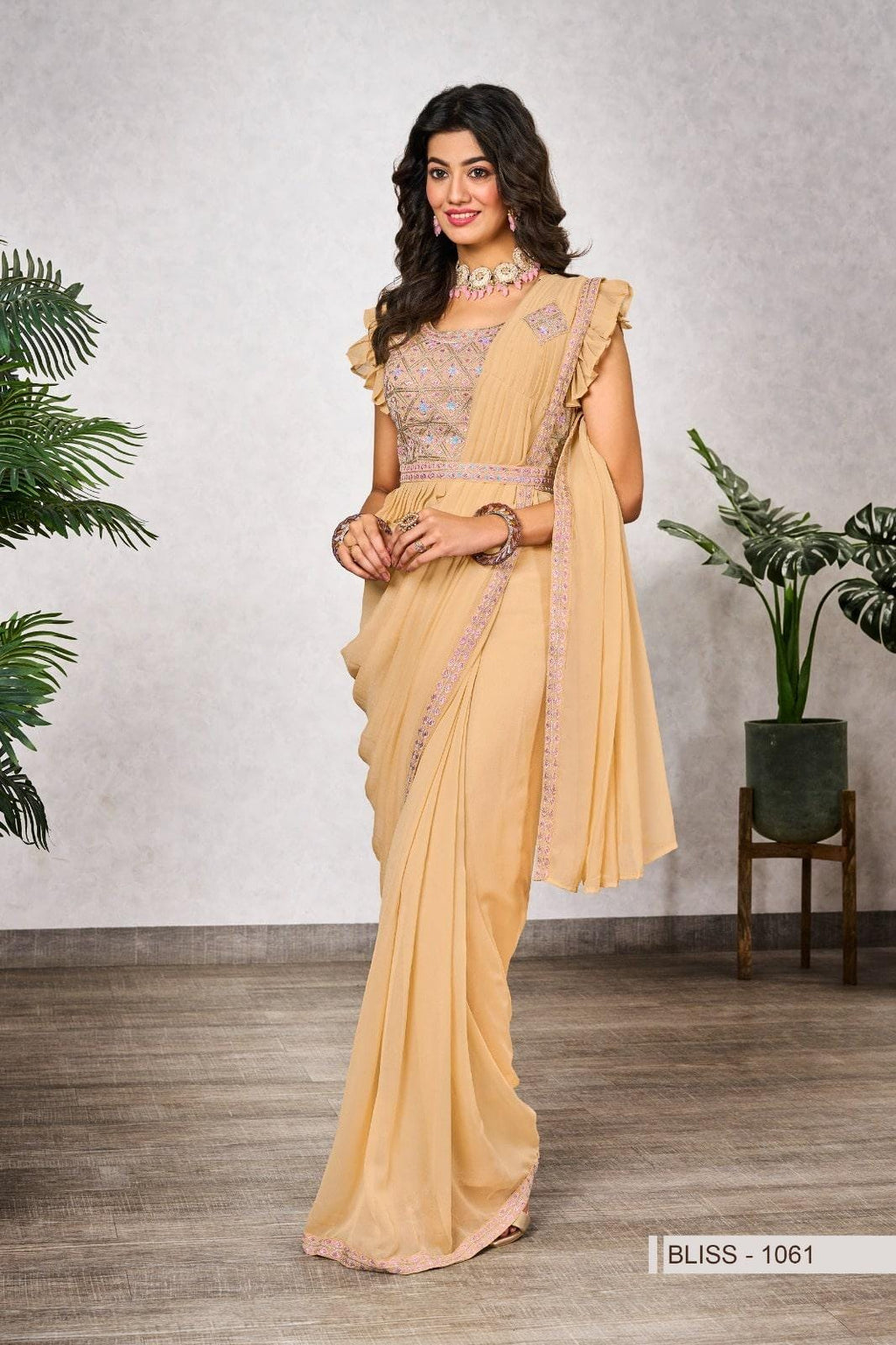 Ready-to-Wear Shimmer Georgette Saree with Embroidered Sequin Blouse, Festive Wear