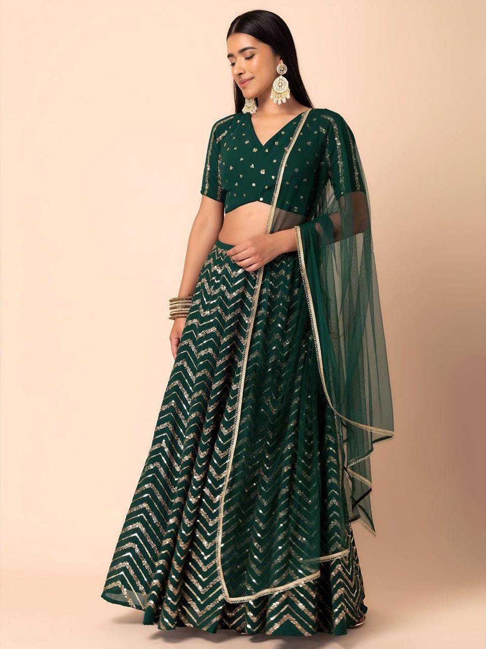 Green Georgette Lehenga Choli Set | Sequin Embroidered Wedding Party Wear (Semi-Stitched)