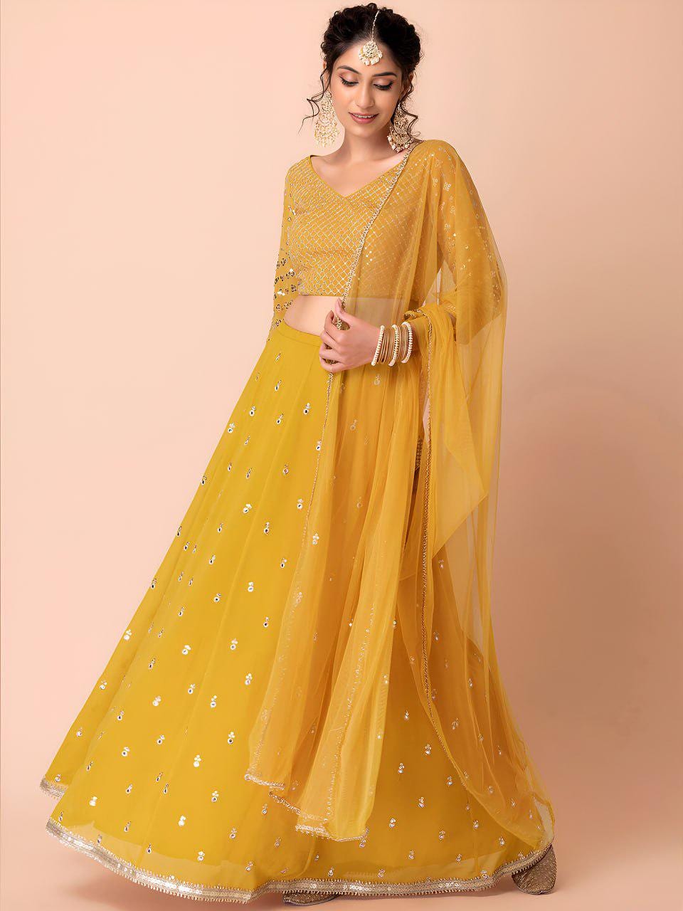 Mustard Yellow Heavy Georgette Lehenga Choli | Zari Sequin Embroidered Festive Wear Net Dupatta