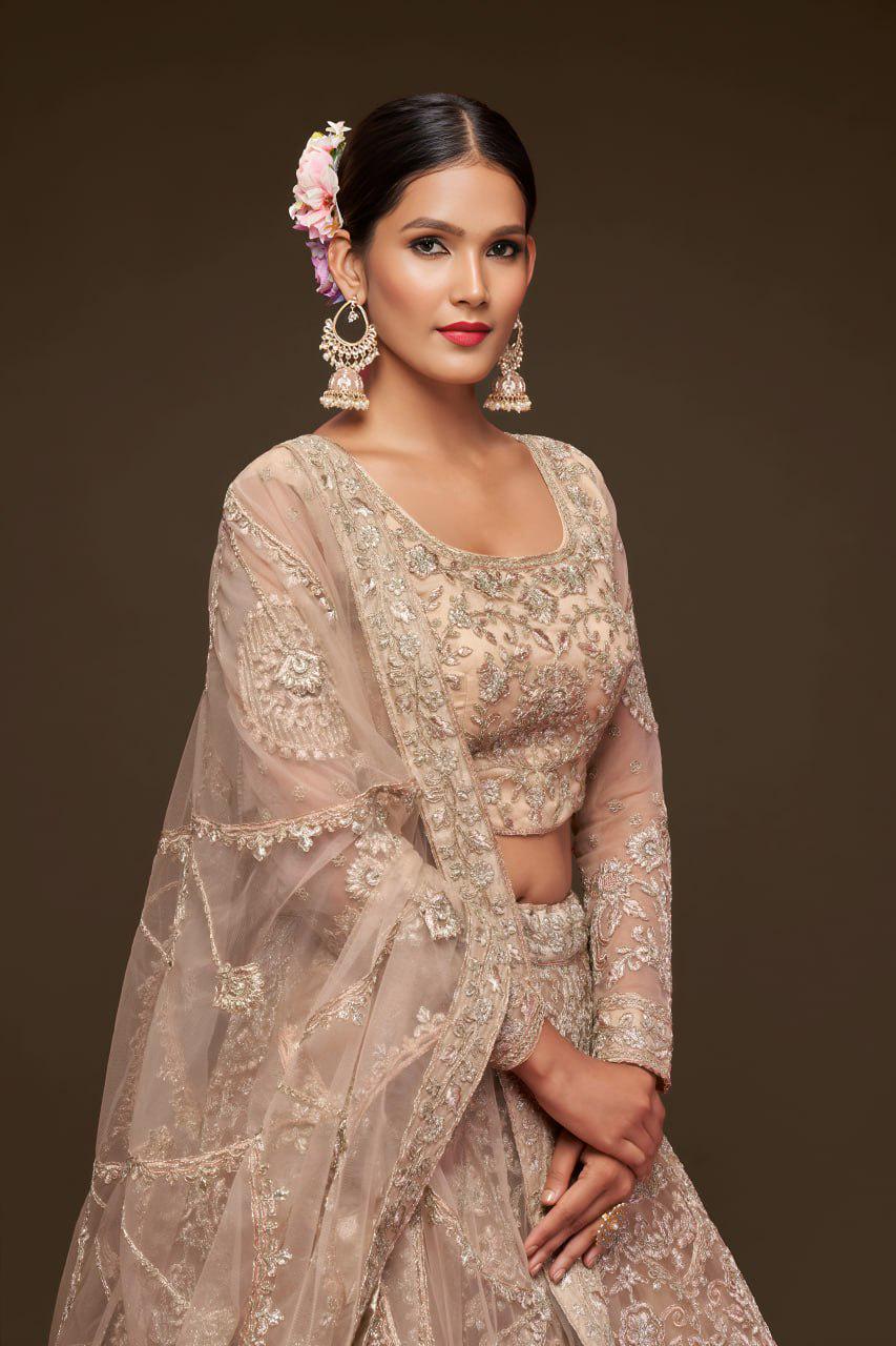 Champagne Beige Net Lehenga Choli, Zari Glitter Dori Embroidery, Semi-Stitched Wedding Set