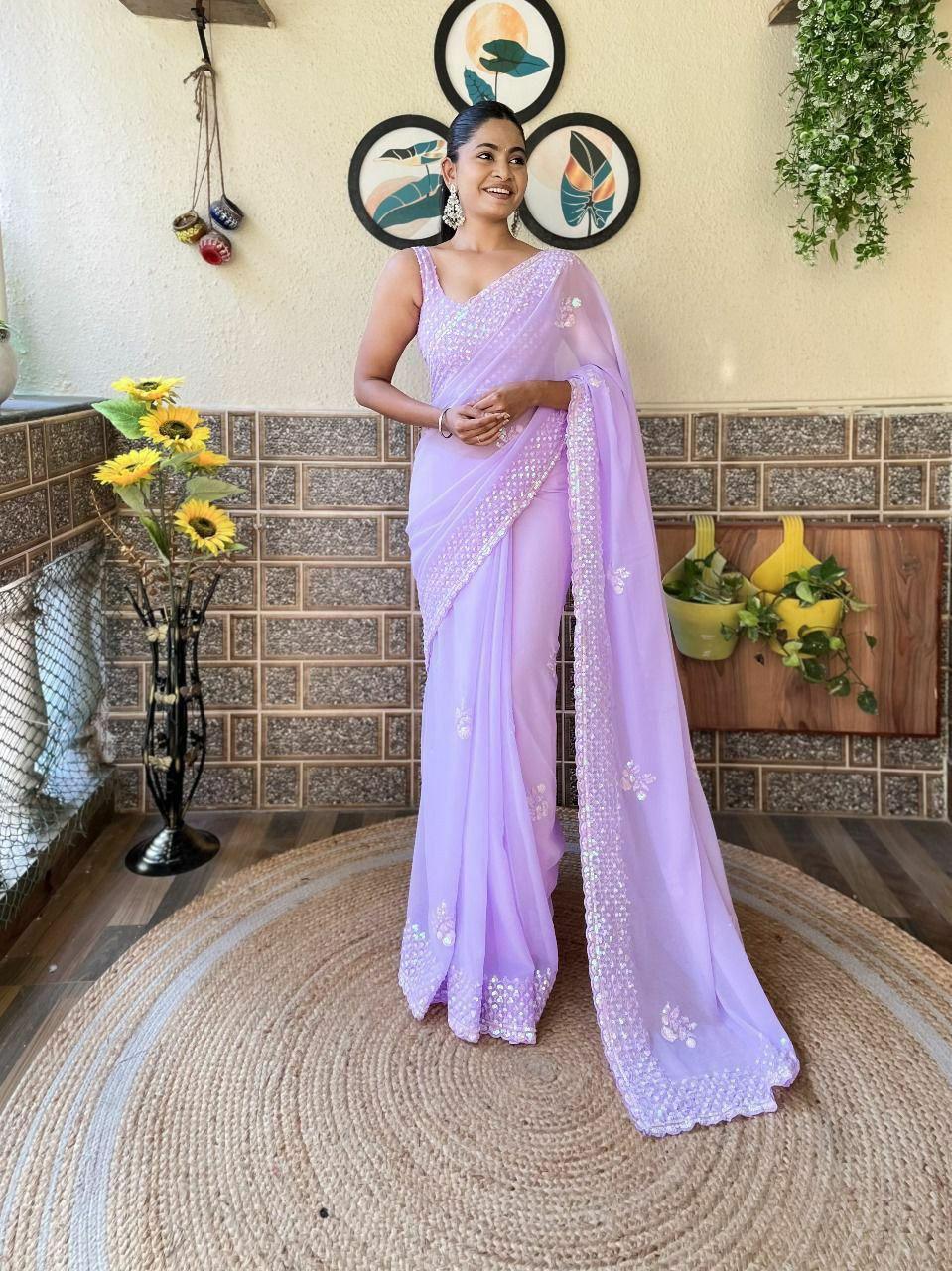 Soft Georgette Embroidered Saree | Sequin Cutwork Border, Diamond Silk Blouse, Party Wear