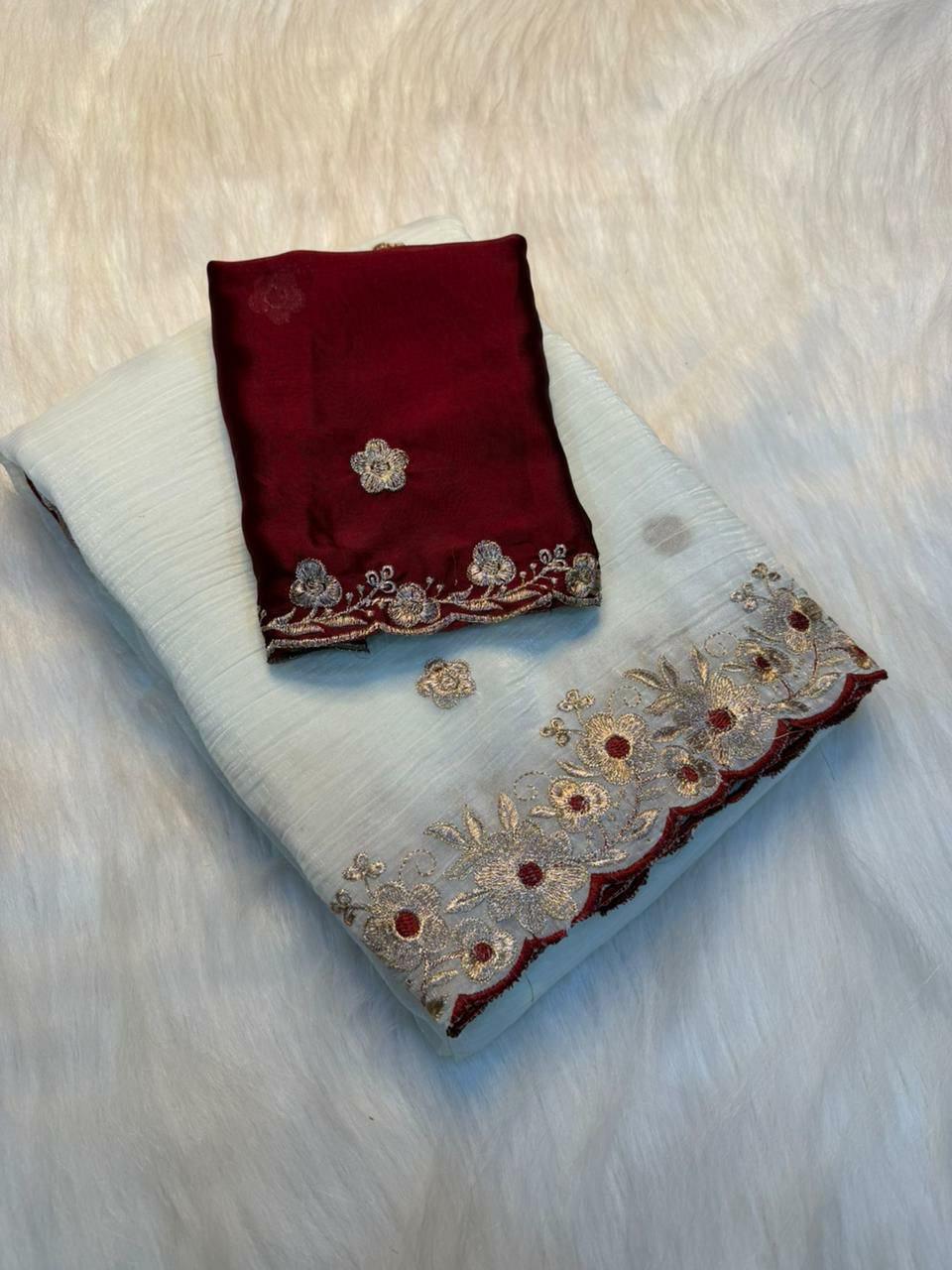 Soft Crunchy Saree with Embroidery, Cutwork Border | Designer Party Wear Saree, Contrast Blouse