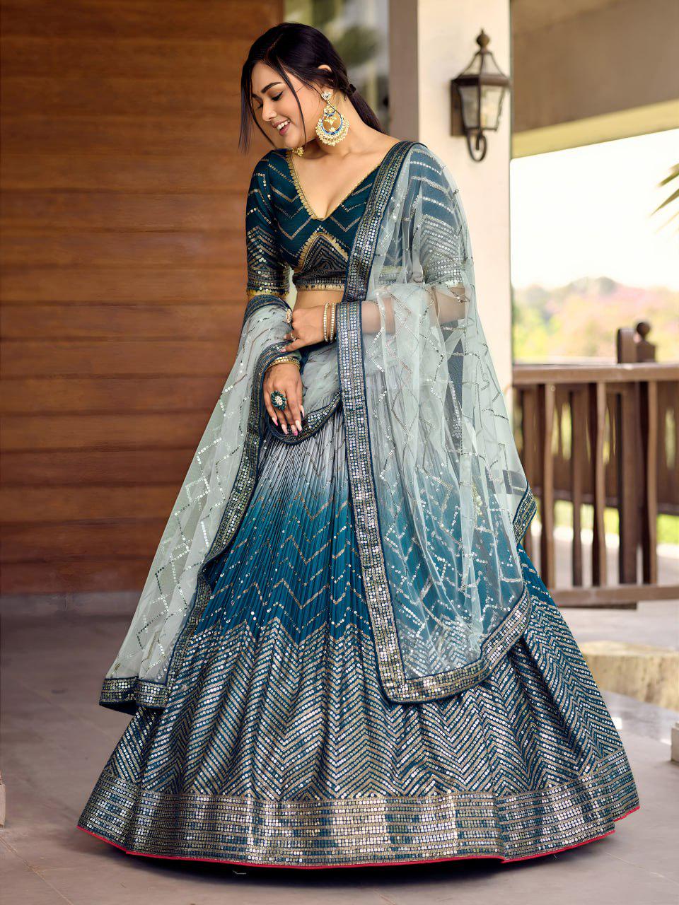 Teal Chinnon Lehenga Choli Set | Embroidered Wedding A-Line Lehenga with Net Dupatta