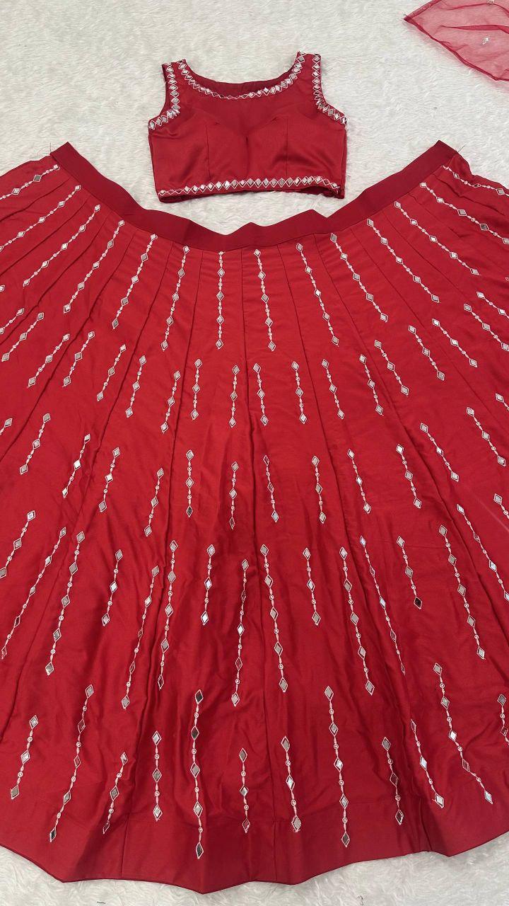 Red Malai Satin Silk Lehenga Set, Thread Embroidery, Real Mirror Work, Voluminous Flair