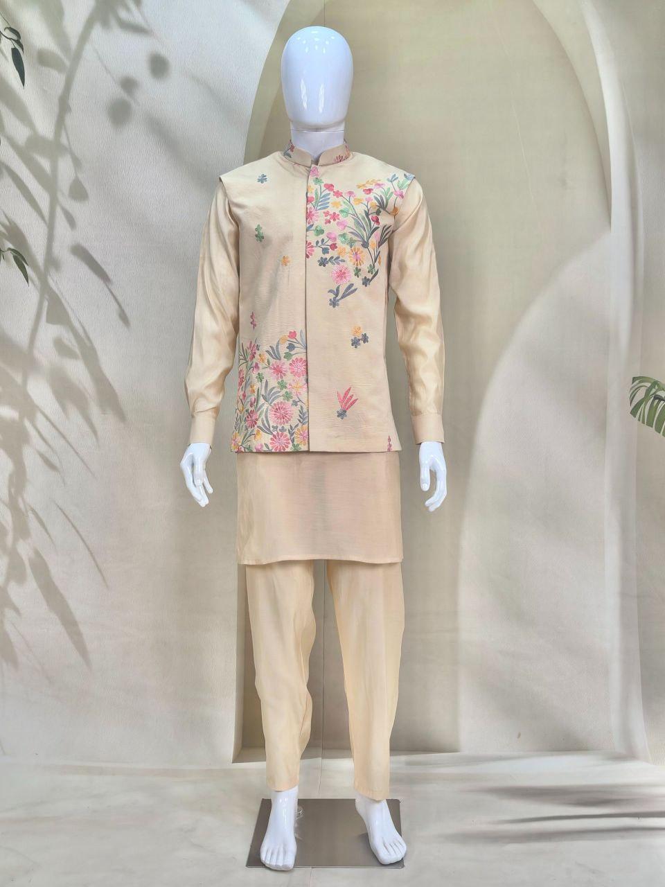 Men's Roman Silk Kurta Pant Set with Embroidered Koti | Festive Ethnic Outfit