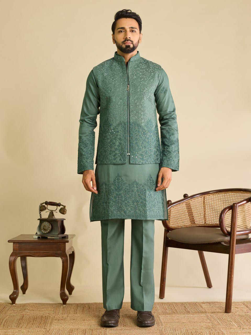 Art Silk Kurta Koti Set | Real Mirror Multi Thread Embroidery Wedding Outfit