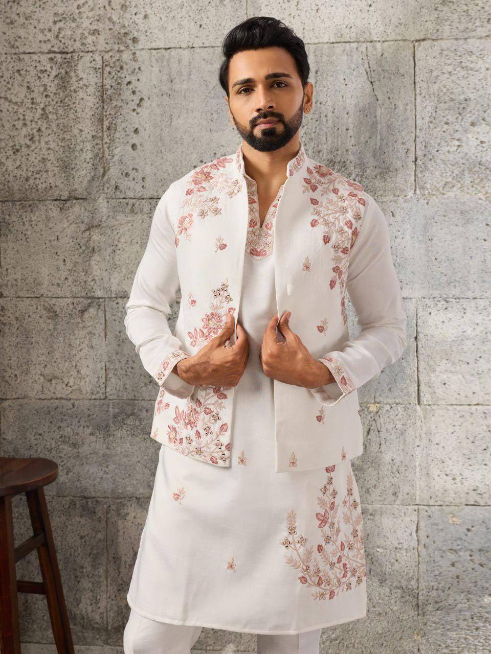 Art Silk Kurta Koti Pant Set | Mirror Work Embroidery Festive Wear