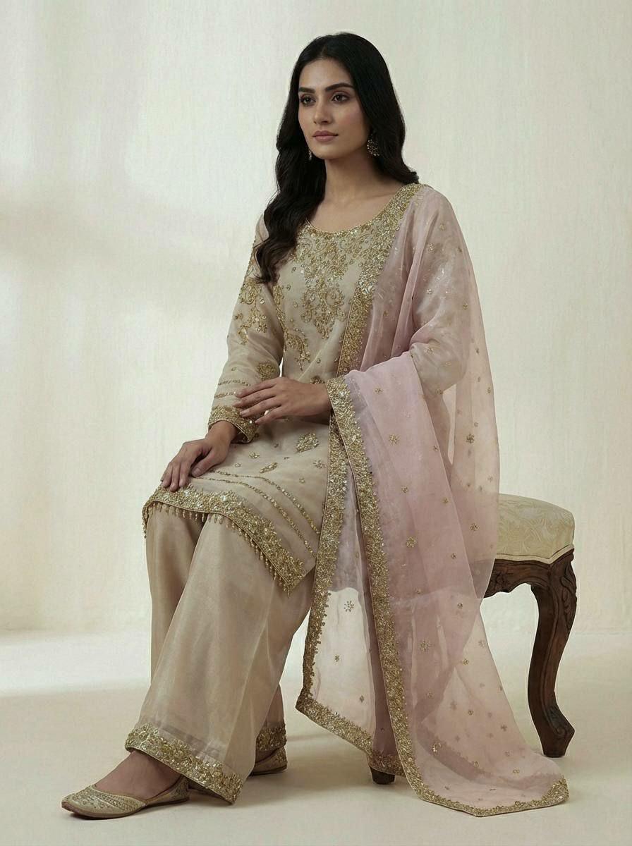 Pure GMY Silk Palazzo Suit Set, Sequin Embroidery, Festive Party Wear Kurta Dupatta