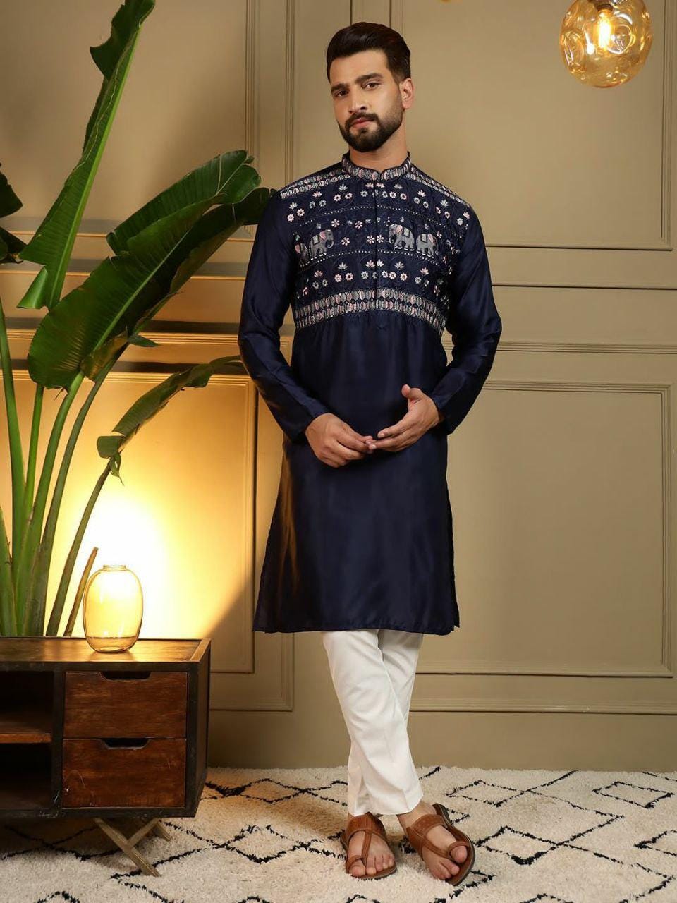 Viscose Silk Embroidered Kurta Set, Multi-Thread Sequins Ethnic Dress