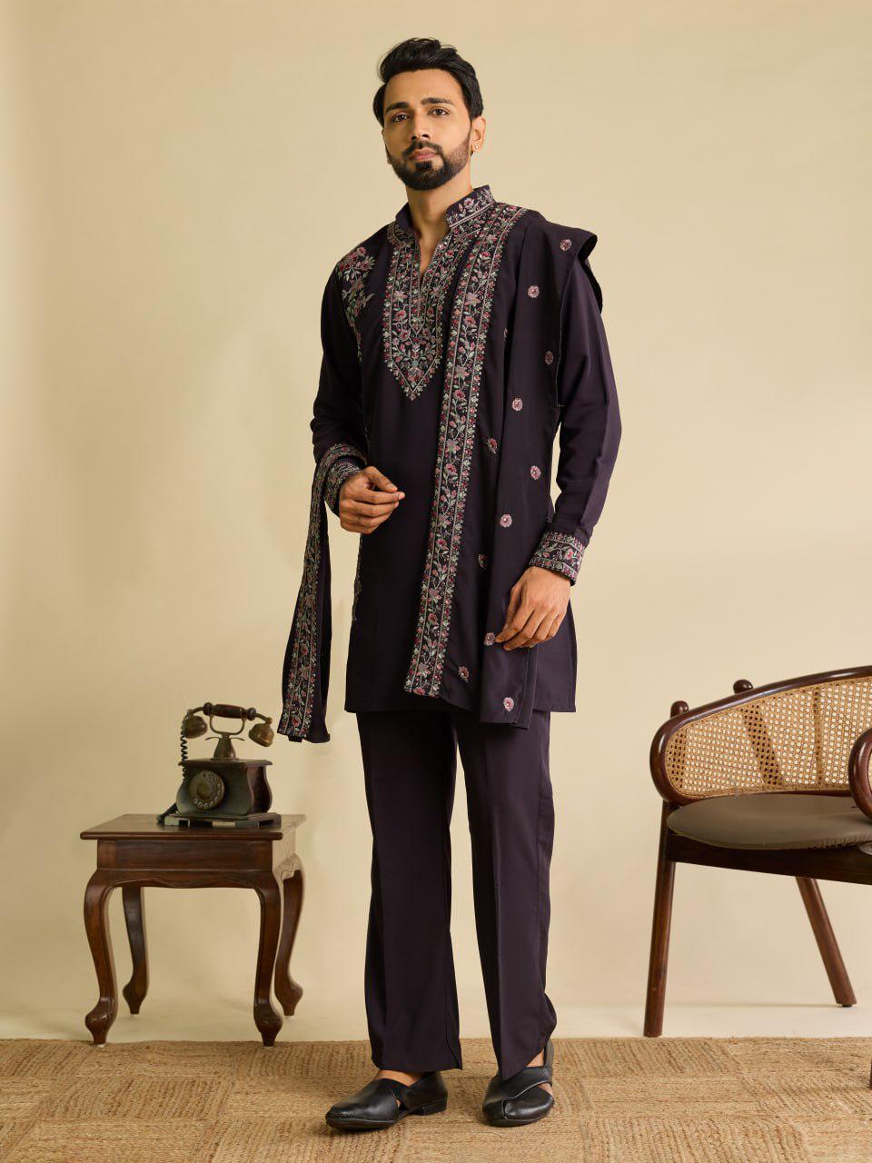 Embroidered Japanese Fabric Kurta Pant Set with Dupatta | Festive Ethnic Wear