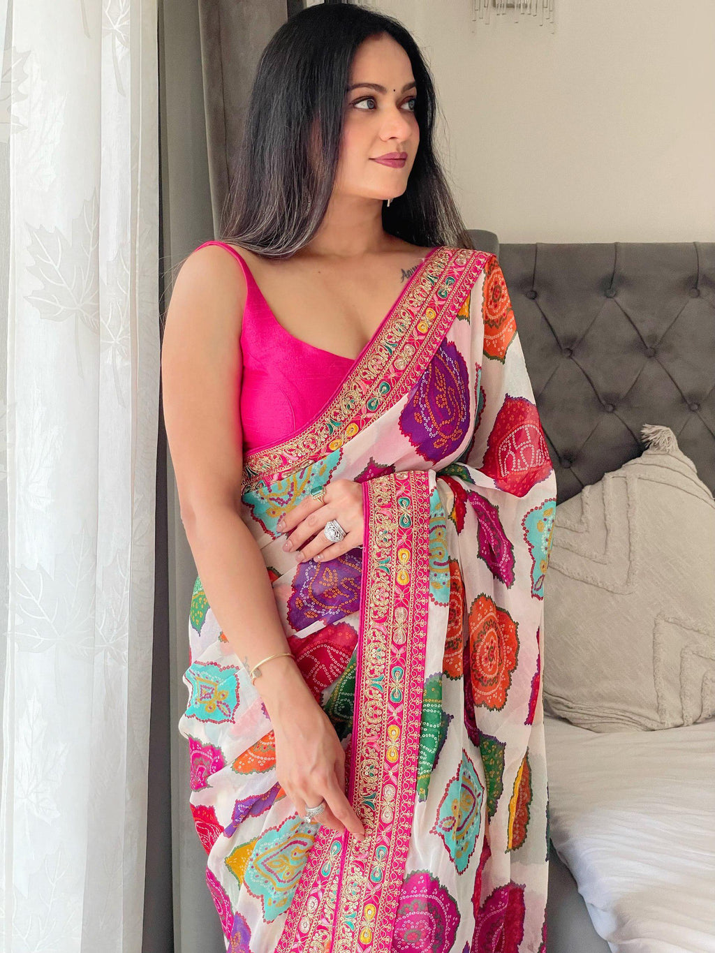 Rajwadi Bandhej Print Georgette Saree | Heavy Embroidered Lace Border, Silk Blouse Piece