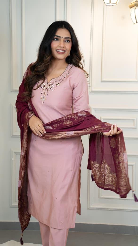 Light Pink Roman Silk Suit Set, Handwork Jacquard Dupatta, Festive Ethnic Wear