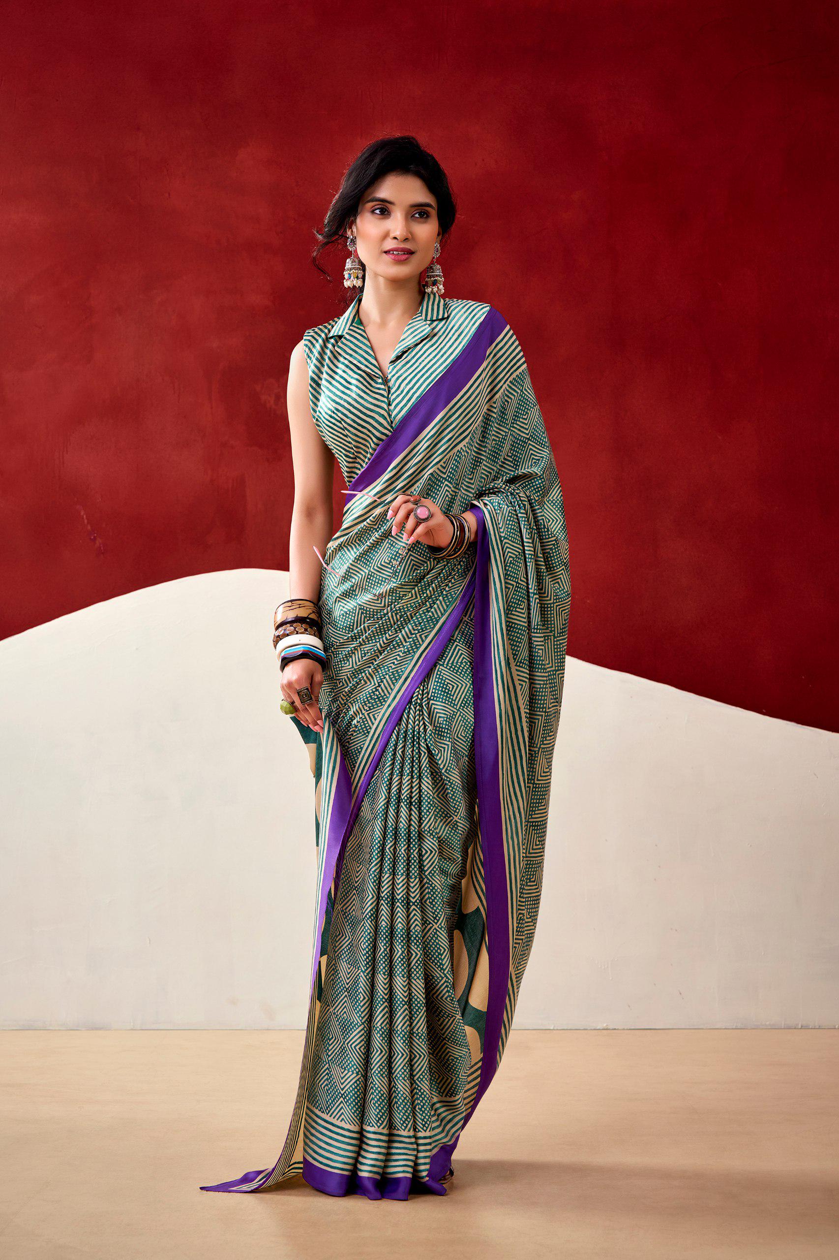 Dull Satin Printed Saree with Unstitched Blouse, Festive Party Wear Indian Saree