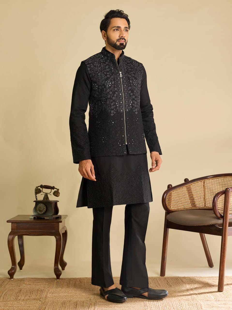 Art Silk Kurta Koti Set | Real Mirror Multi Thread Embroidery Wedding Outfit